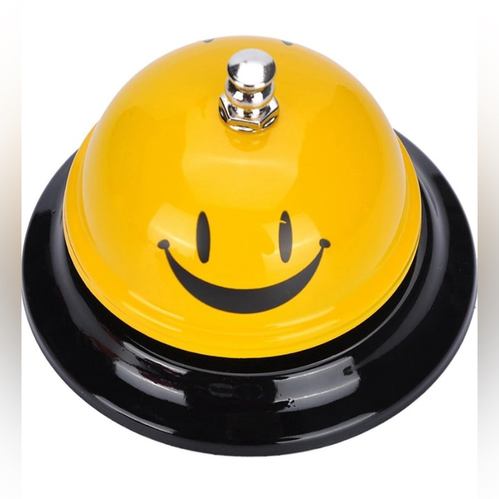 Happy Face Call Bell, 3.35 Inch Diameter, Metal Bell, Emoji Smiley Face Desk NEW